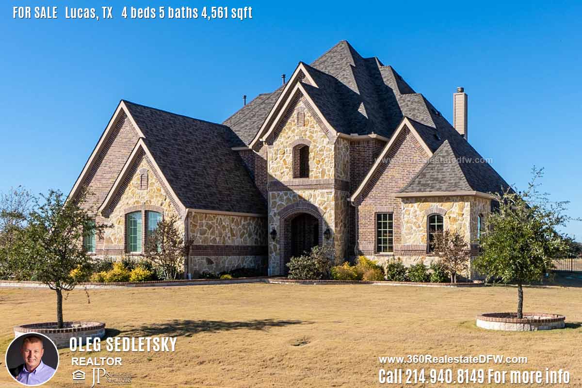 House For Sale in Lucas TX, Contact Oleg Sedletsky REALTOR - 214.940.8149 - www.360RealEstateDFW.com - JP & Associates Realtors Current price $745,000 Please Note! Information provided is deemed reliable, but is not guaranteed and should be independently verified.