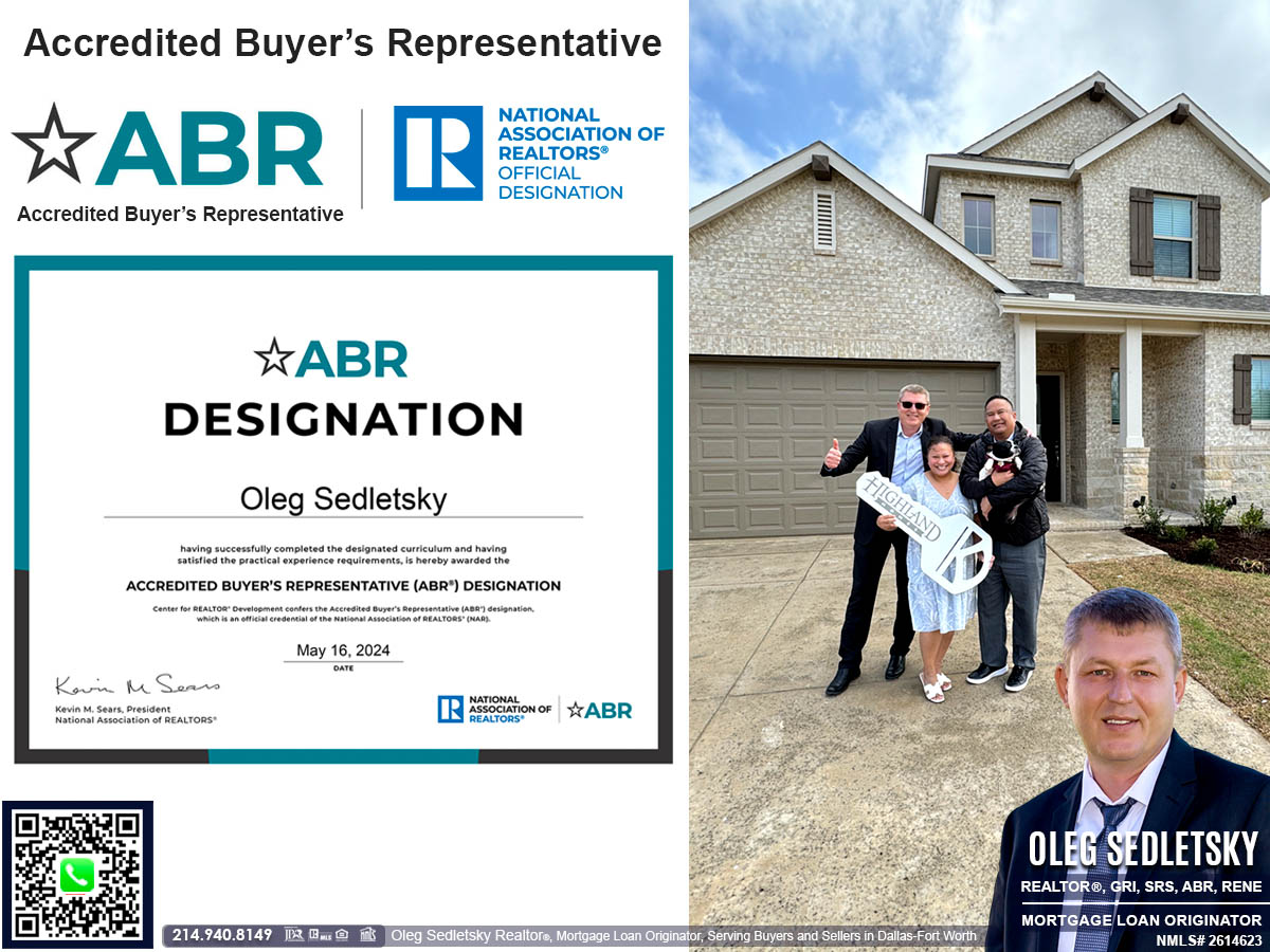 Oleg Sedletsky, a distinguished Realtor in Dallas-Fort Worth, holds numerous real estate designations and certifications (including ABR), showcasing his commitment to excellence and expertise in the field.