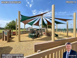 Windmill Playground in Prosper Texas features numerous play structures and splashpad.