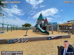 Windmill Playground in Prosper Texas features numerous play structures and splashpad.