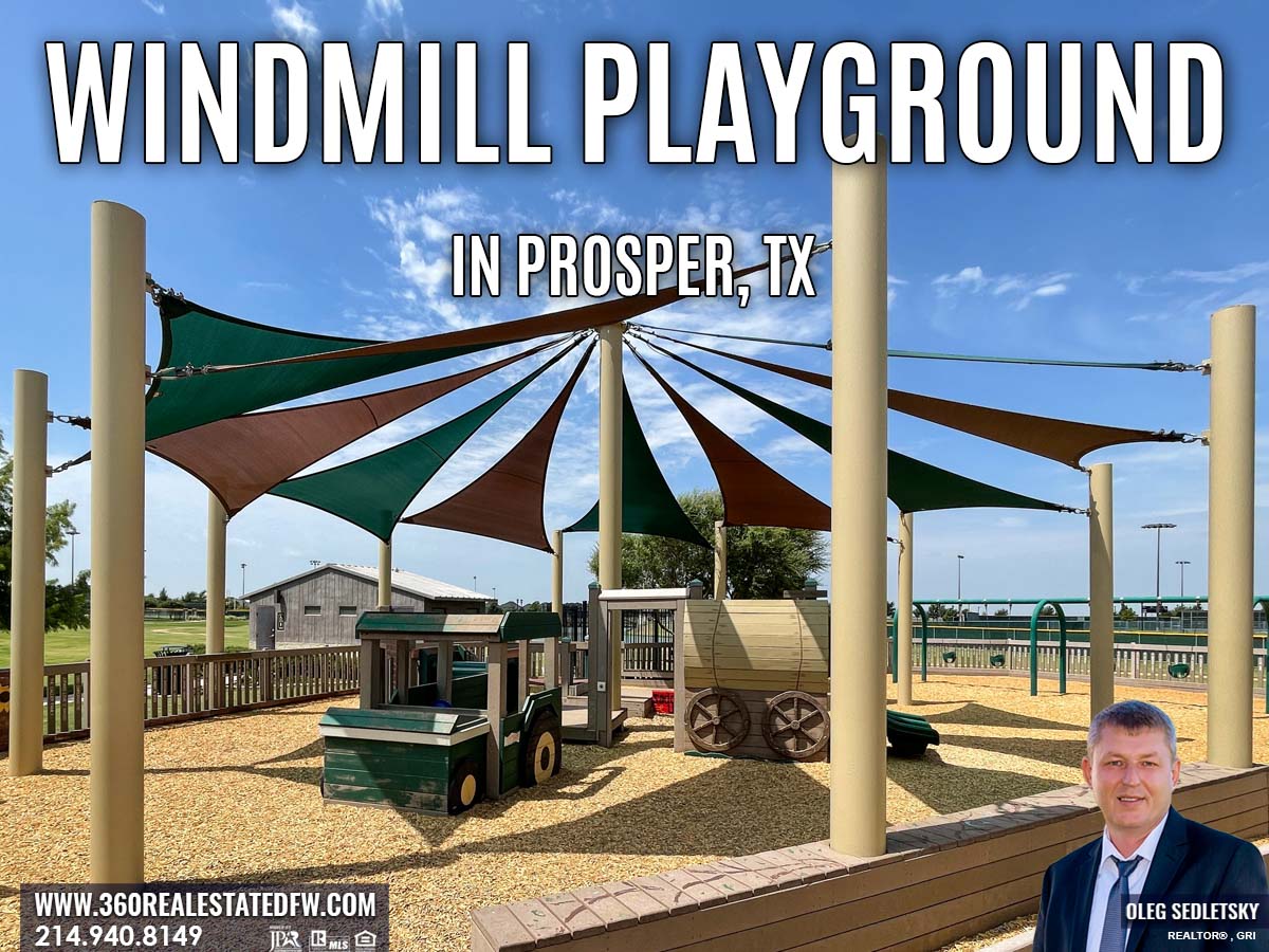 Windmill Playground in Prosper Texas features numerous play structures and splashpad.