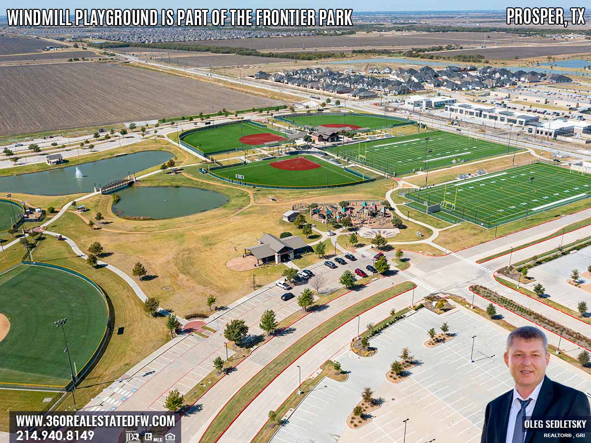 Windmill Playground in Prosper Texas features numerous play structures and splashpad.