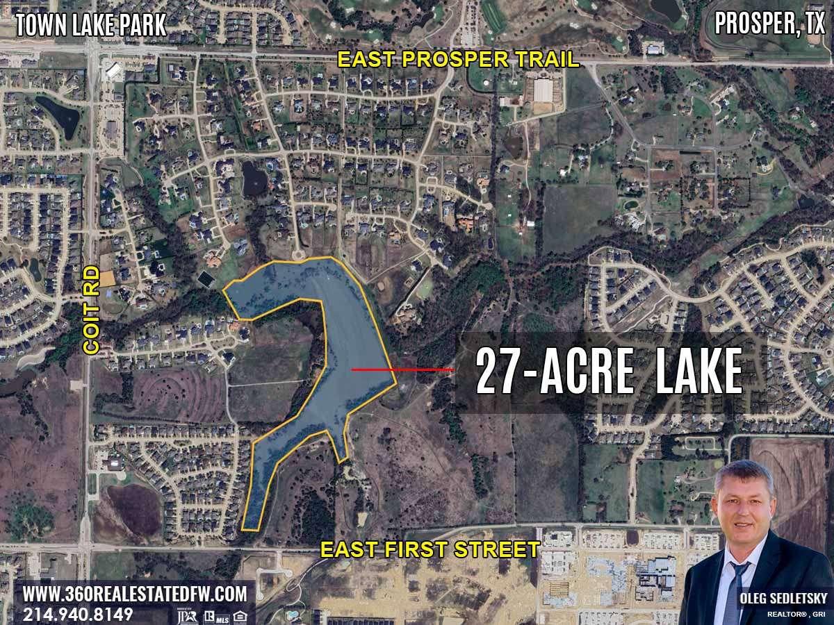 Town Lake Park in Prosper TX - A 24.49 acres community park with 27-acre stocked lake