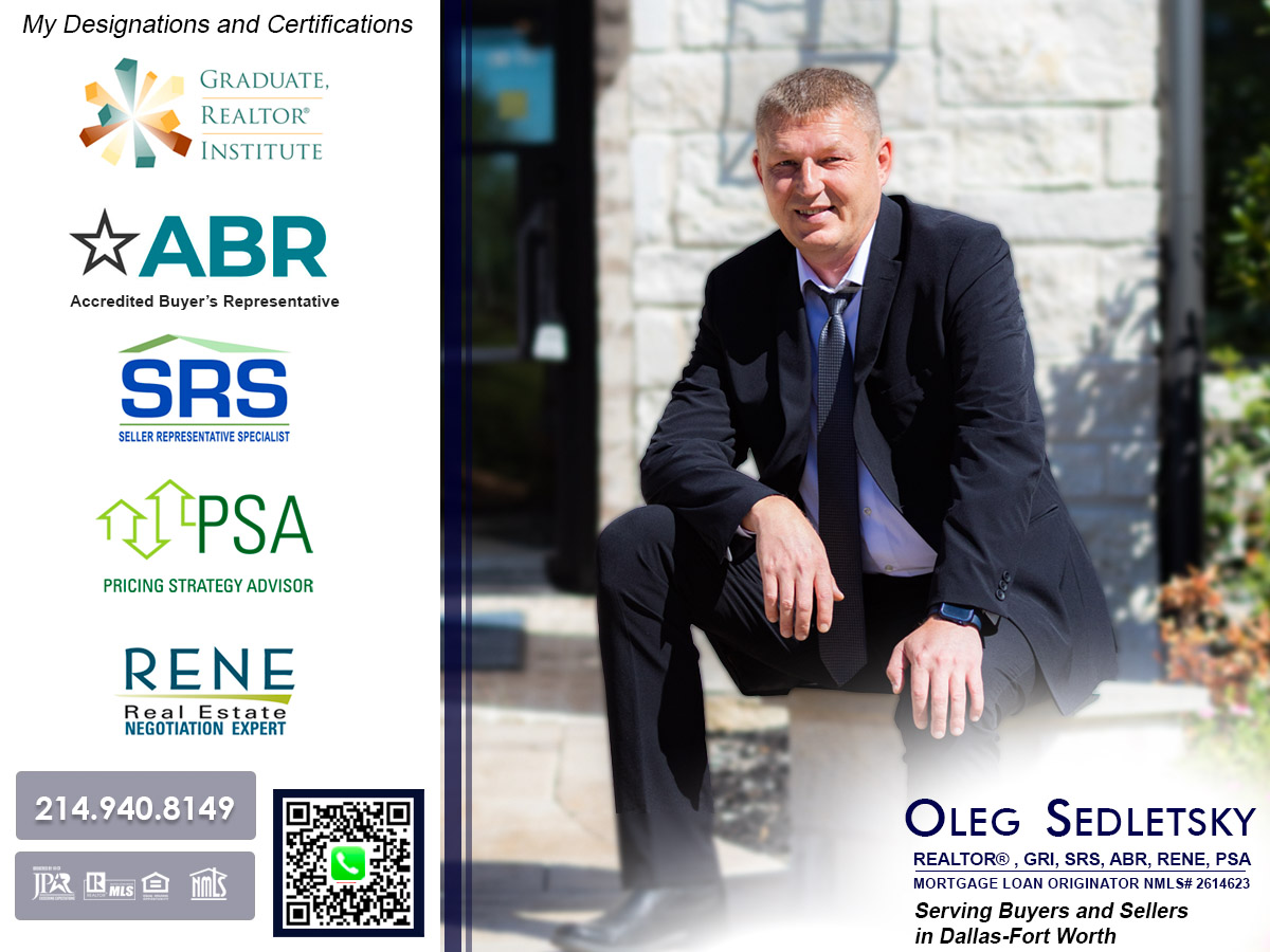 Oleg Sedletsky, a distinguished Realtor in Dallas-Fort Worth, holds numerous real estate designations and certifications (including ABR), showcasing his commitment to excellence and expertise in the field.