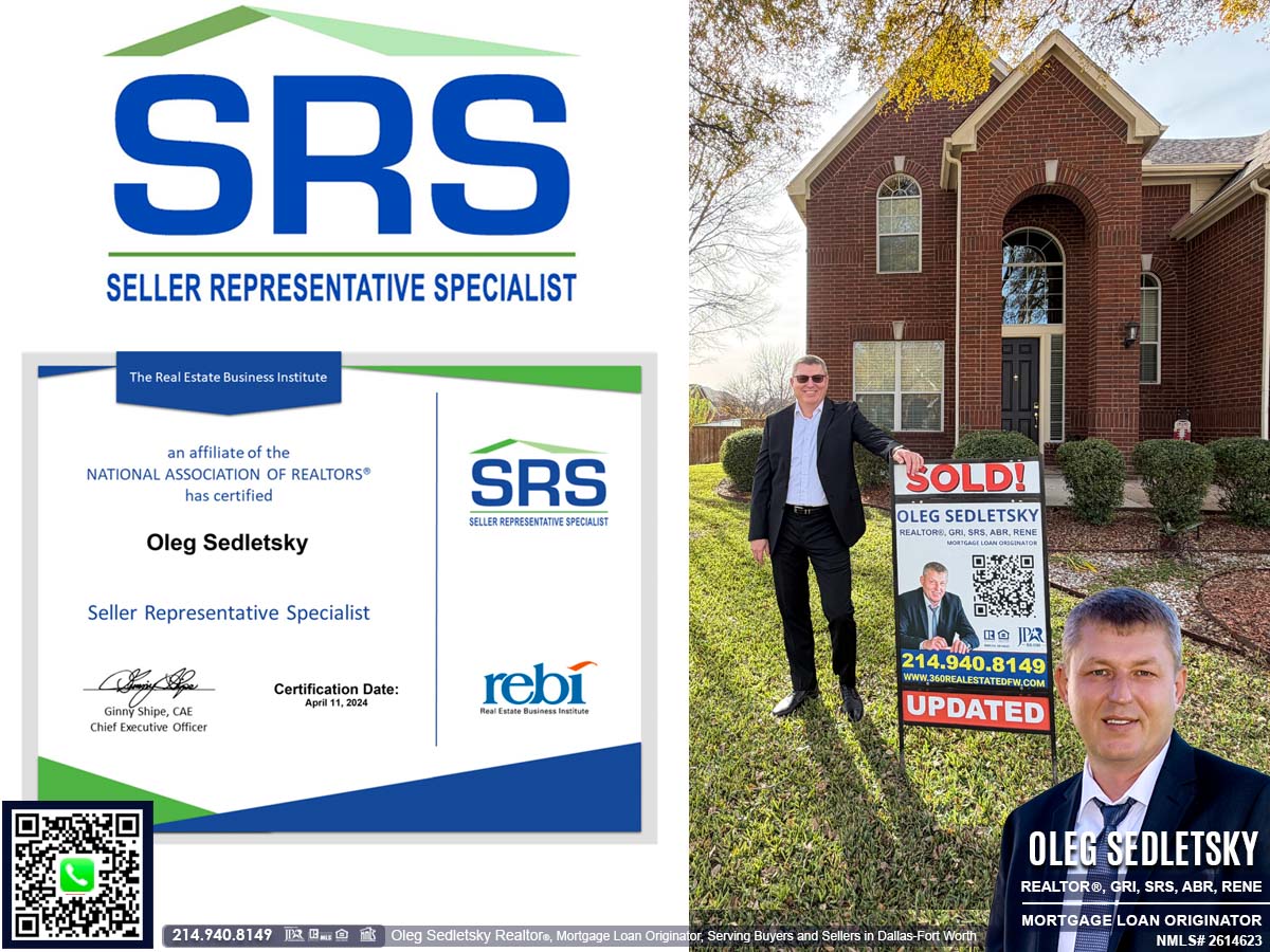 Oleg Sedletsky, a distinguished Realtor in Dallas-Fort Worth, holds numerous real estate designations and certifications (including SRS), showcasing his commitment to excellence and expertise in the field.