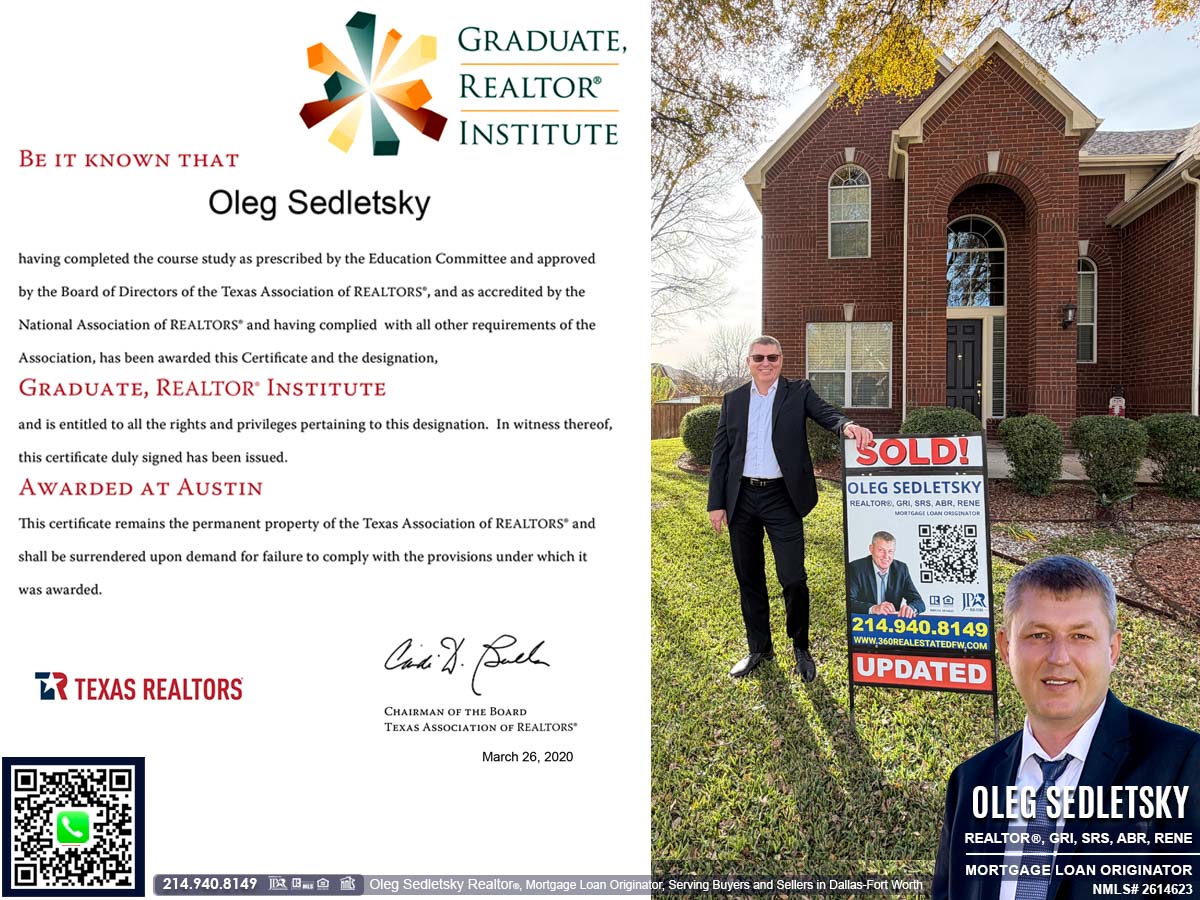 Oleg Sedletsky, a distinguished Realtor in Dallas-Fort Worth, holds numerous real estate designations and certifications (including GRI), showcasing his commitment to excellence and expertise in the field.
