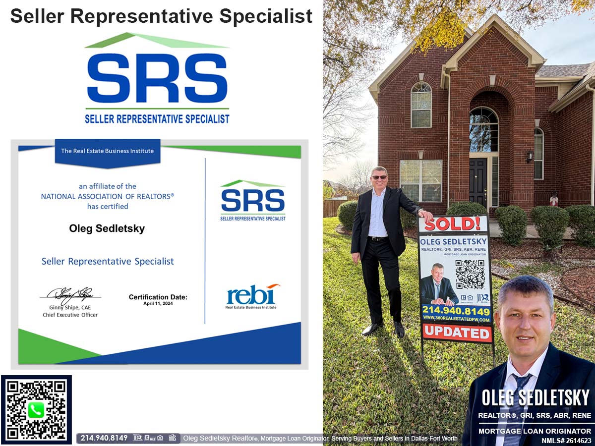 Oleg Sedletsky, a distinguished Realtor in Dallas-Fort Worth, holds numerous real estate designations and certifications (including SRS), showcasing his commitment to excellence and expertise in the field.