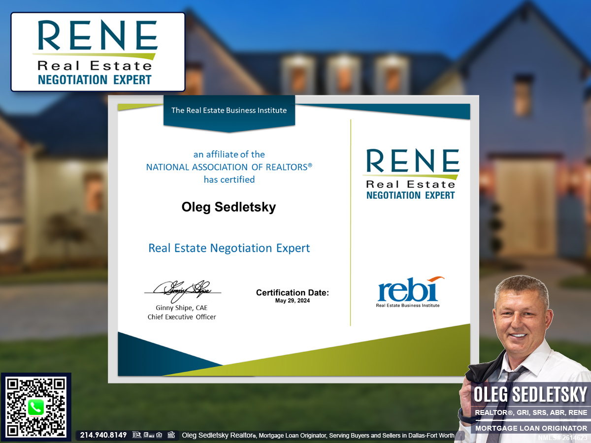 Oleg Sedletsky RENE (Real Estate Negotiation Expert) certified real estate agent in Dallas-Fort Worth