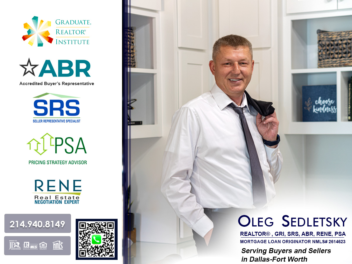 Oleg Sedletsky, a distinguished Realtor in Dallas-Fort Worth, holds numerous real estate designations and certifications (including ABR), showcasing his commitment to excellence and expertise in the field.