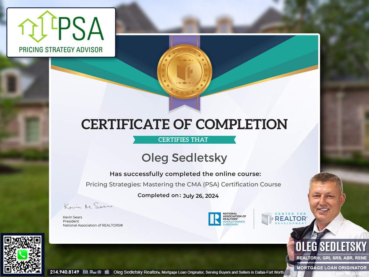 Oleg Sedletsky PSA (Pricing Strategy Advisor) certified real estate agent in Dallas-Fort Worth