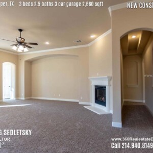 New Construction Home in Prosper, TX. Contact Oleg Sedletsky REALTOR - 214.940.8149 - www.360RealEstateDFW.com - JP & Associates Realtors 3 Beds, 2.5 Baths, 3 Car Garage, 2660 sqft Note! Information provided is deemed reliable, but is not guaranteed and should be independently verified. Price and Home Availability is subject to change without notice. Square footages are approximate.