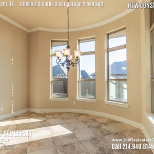 New Construction Home in Prosper, TX. Contact Oleg Sedletsky REALTOR - 214.940.8149 - www.360RealEstateDFW.com - JP & Associates Realtors 3 Beds, 2.5 Baths, 3 Car Garage, 2660 sqft Note! Information provided is deemed reliable, but is not guaranteed and should be independently verified. Price and Home Availability is subject to change without notice. Square footages are approximate.